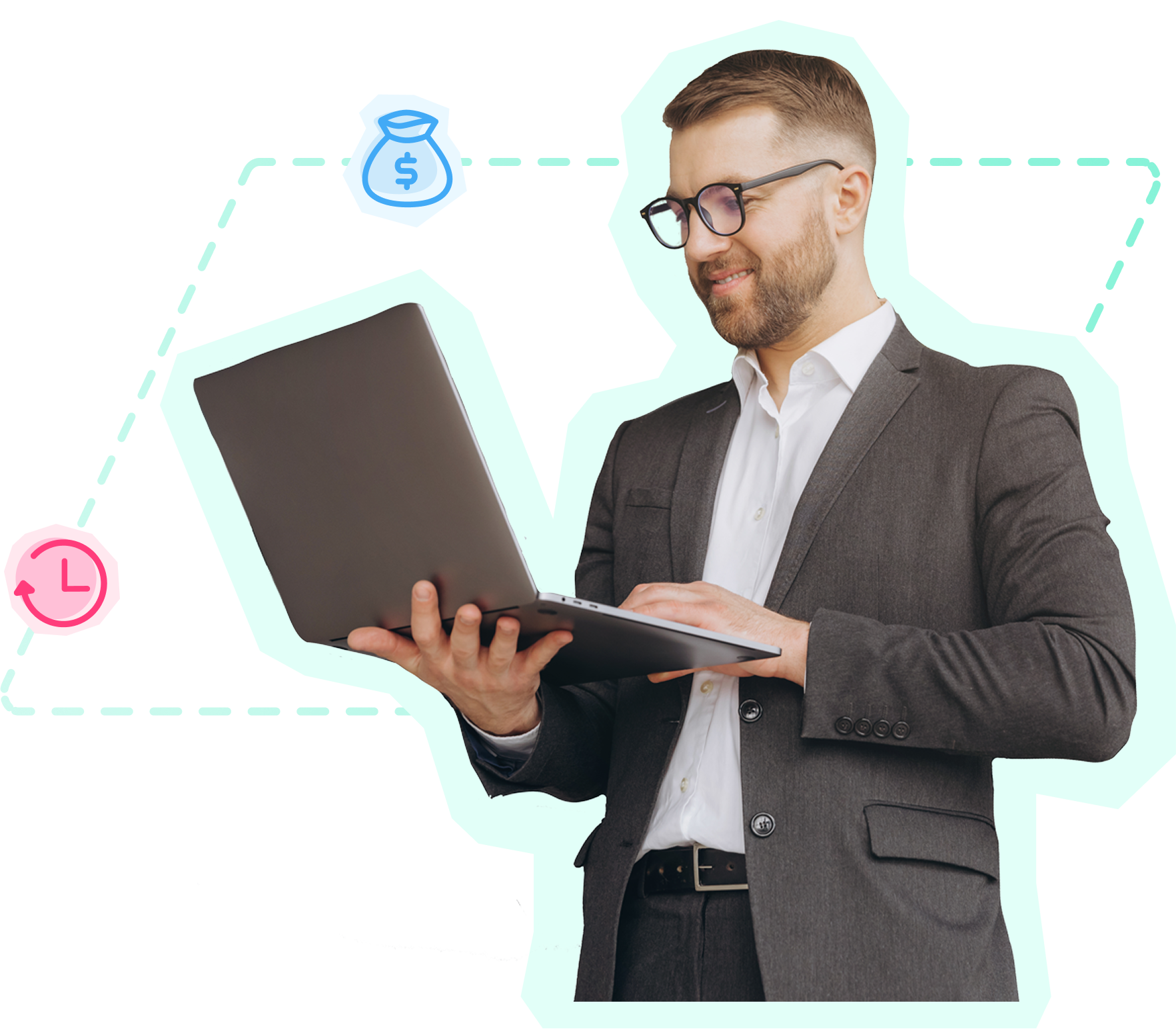 Confident professional working on laptop with business icons