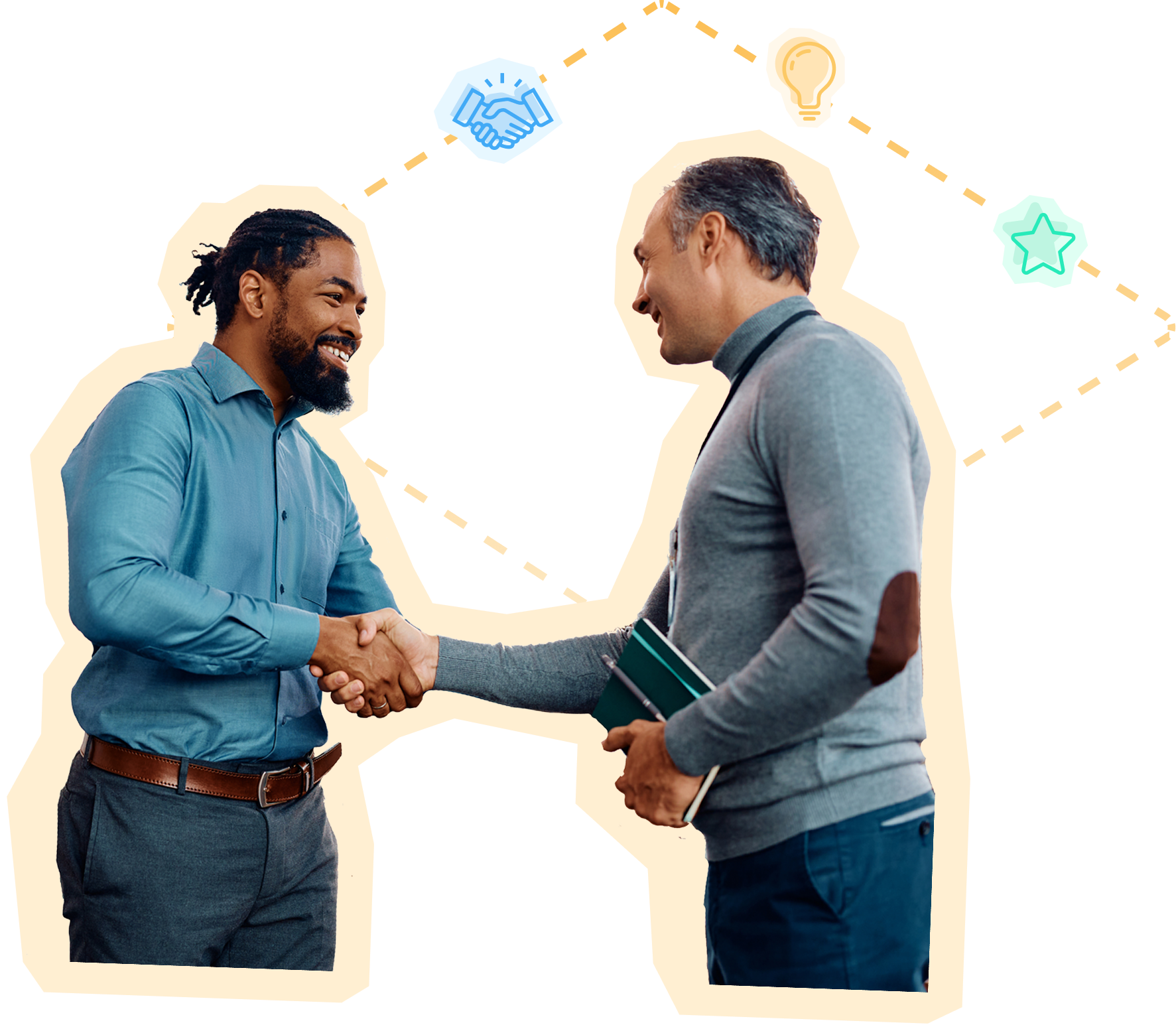 Confident professional shaking hands with business icons