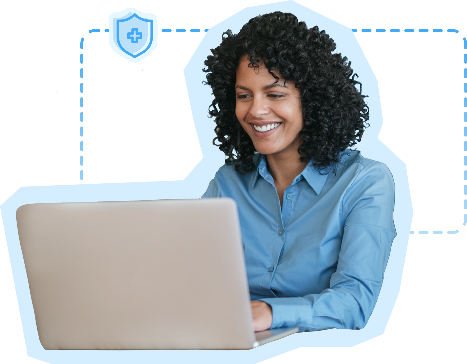 Confident professional working on laptop with business icons