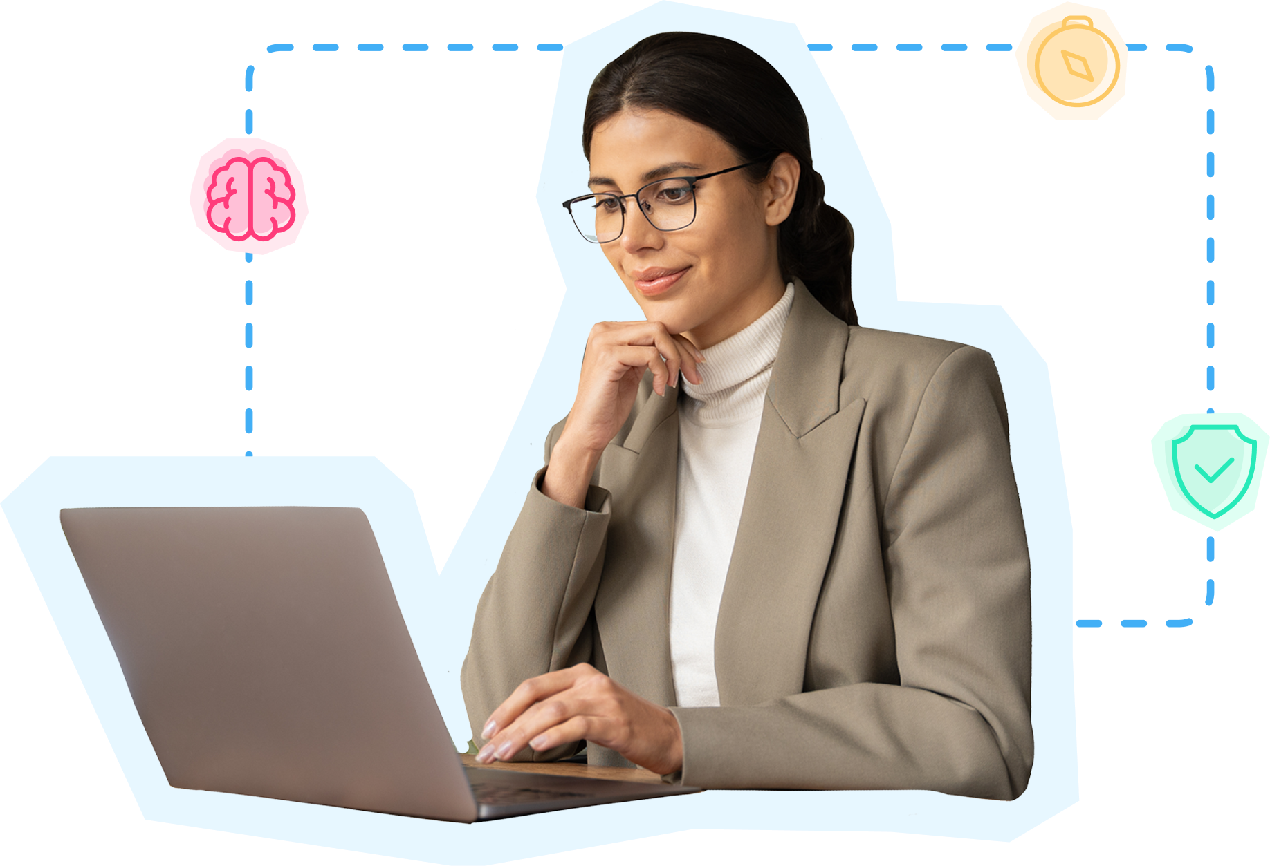 Confident professional working on laptop with business icons